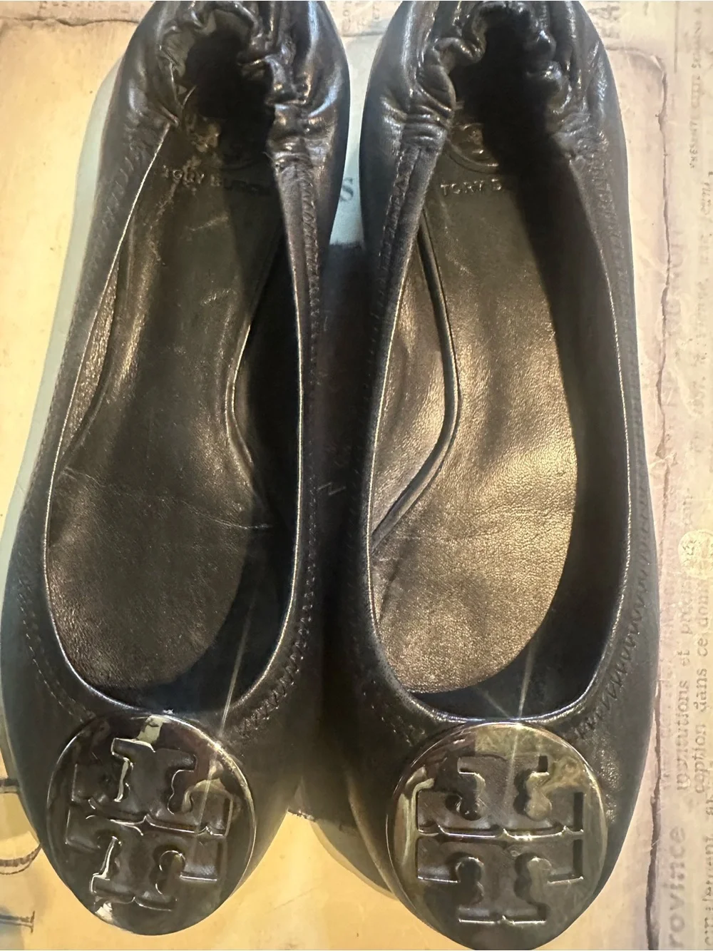 Tory Burch Black Leather Reva Logo Ballet Flats size 9